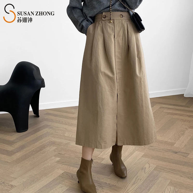 

Women Skirt Female Elegant Romantic Casual Elastic Waist Zipper Fly Buttons Front Pleated Big Slit Mid-Calf Solid A-Line Autumn