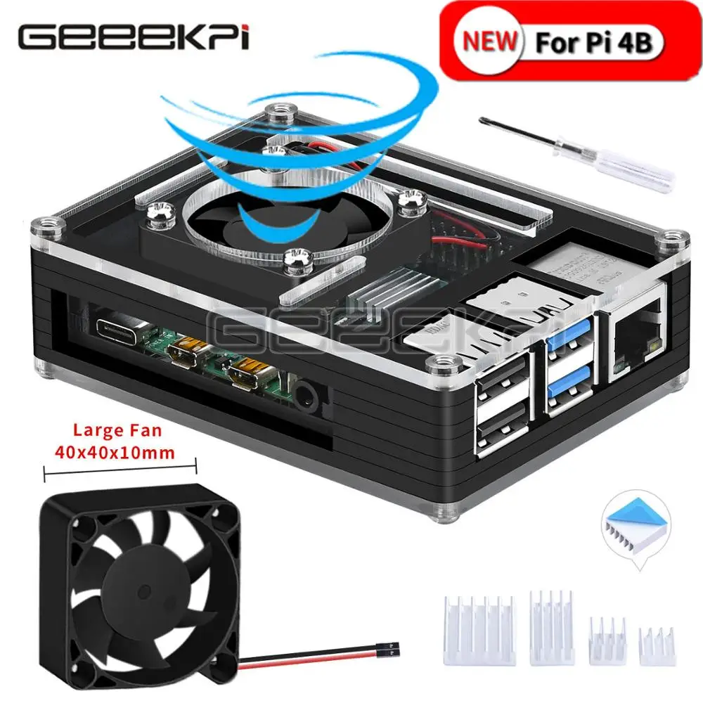 

GeeekPi акриловый полностью черный чехол для Raspberry Pi 4 Модель B, с большим вентилятором охлаждения 4010 для Raspberry Pi 4B