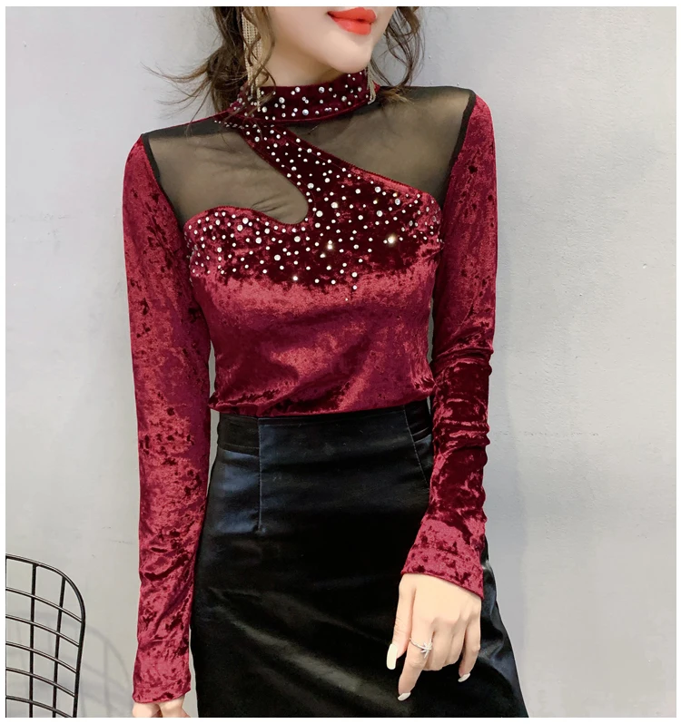 Осень зима дизайн Корейская Алмазная рубашка с длинным рукавом Женская бархатная блузка модная сетчатая блузка рубашка Топы - Цвет: Бургундия