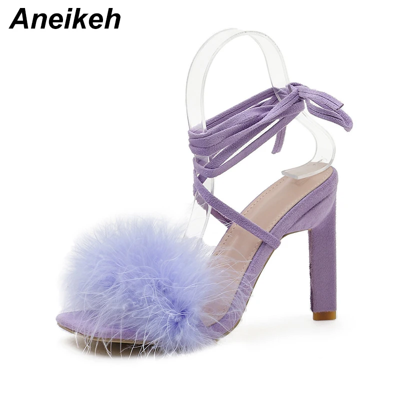 Women High Heels Aneikeh Summer Rome Fashion Furry Cross-Tied Women Pumps Sexy 11CM Thin High Heel Lace-up Dress Party Ladies Sandals