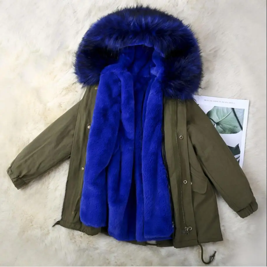 green and blue Новинка года, зимние пальто из искусственного меха кролика рекс для мальчиков и девочек съемный меховой подклад куртки детская парка с капюшоном для мальчиков и девочек K26 - Цвет: green and blue
