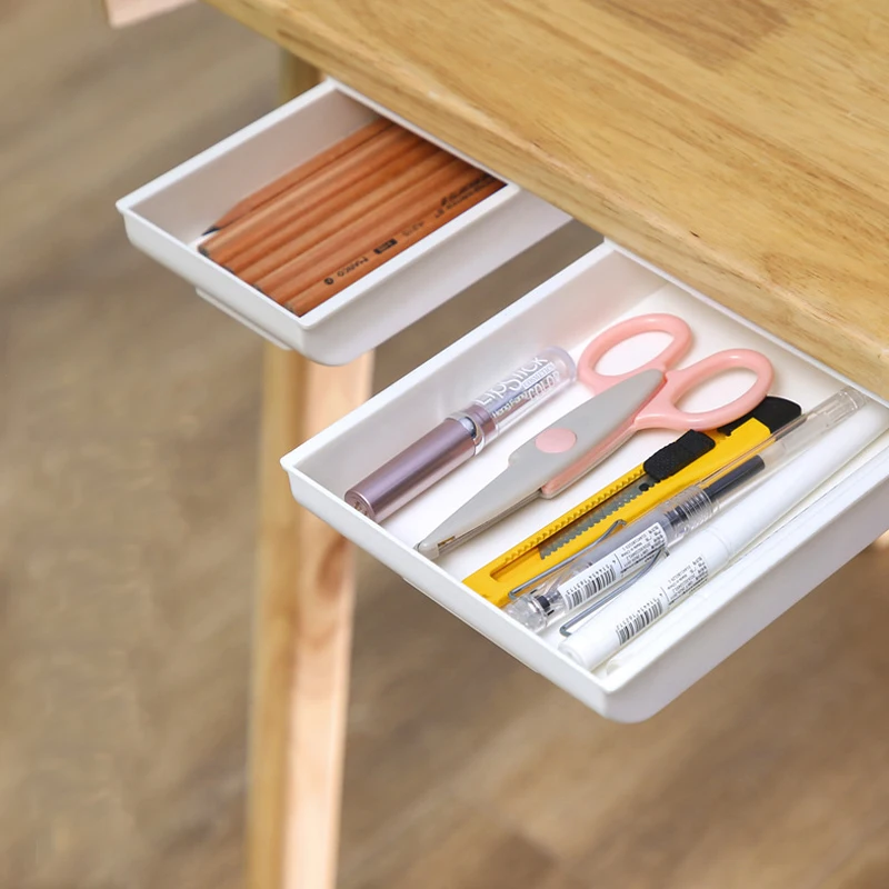 Office Organizer Self Stick Pencil Tray Desk Table Storage Drawer Box Under Desk Stand Self-adhesive Under-Drawer Storage Box