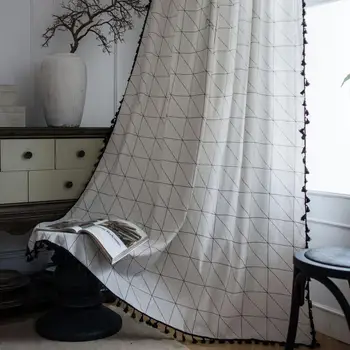

White Plaid Curtain With tassel For Living Room French window blinds bedroom Bay Window Bohemian Cotton linen Finished Curtain