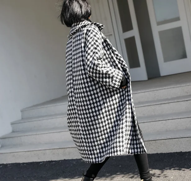 Зимнее шерстяное пальто средней длины в клетку; твидовое пальто с карманами; Casaco Feminino Abrigo