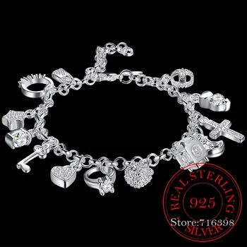 

New 925 Sterling Silver 13 Charms Cross Lock Key Heart Star Moon Flower Zircon Bracelet Bangle Women's Fine Jewelry Accessories
