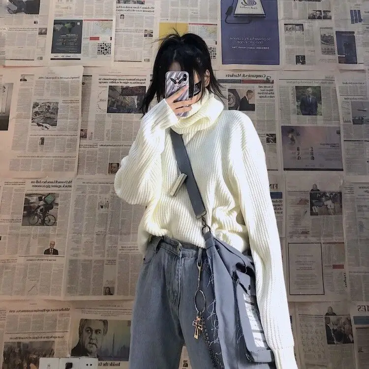 Осень и зима Harajuku уличный стиль Высокий воротник Корейская версия прилива свободный студенческий пуловер свитер