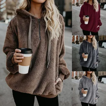 

Fleece Hoodies Zipper Hooded Pullover Sweatshirt Female Winter Pocket Warm Faux Fur Fluffy Oversized Sweatshirts Plus Size 5XL
