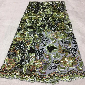 

High quality African net lace fabric with advanced Sequins Green Color guipure lace fabric.2019 New Nigeria tulle lace fabric