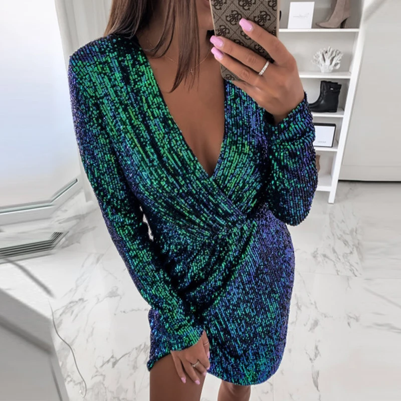 Skup Seksowne cekiny brokat błyszczące szczeliny Mini sukienka kobiety jesień dekolt Party Dress zima z długim rękawem nieregularne sukienki bandażowe typu bodycon Vestidos