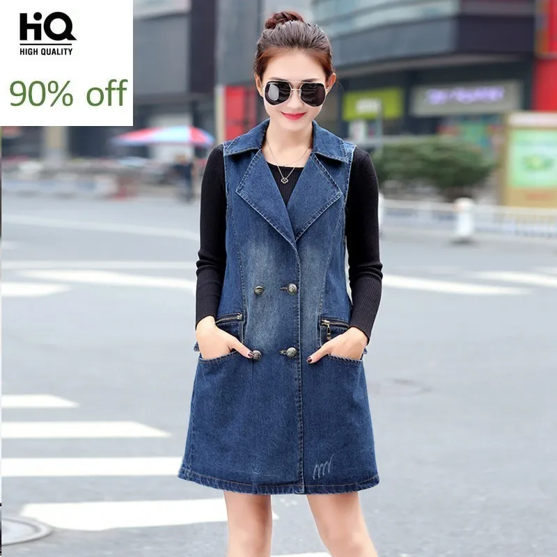 

Long Style Womens Denim Vest Double Breasted 2020 Autumn Belts Loose Fit Outwear Coat Large Size 3XL Washed Female Jeans Jaqueta