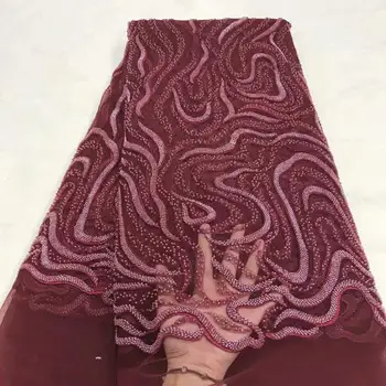 

New wine red Sequined African French Mesh tulle Lace Fabric For India Evening Party Dress Fabric New Nigeria Sequins lace FYU82