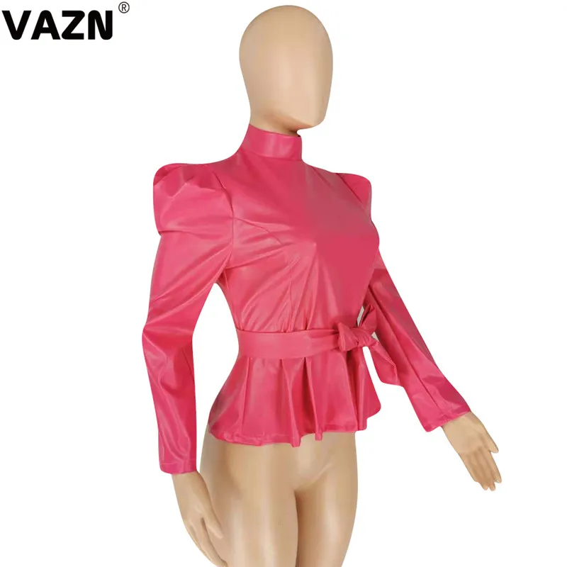 VAZN YZ837 качественный модный дизайн женские одноцветные тонкие футболки с круглым вырезом и длинным рукавом сексуальные женские футболки из искусственной кожи на шнуровке