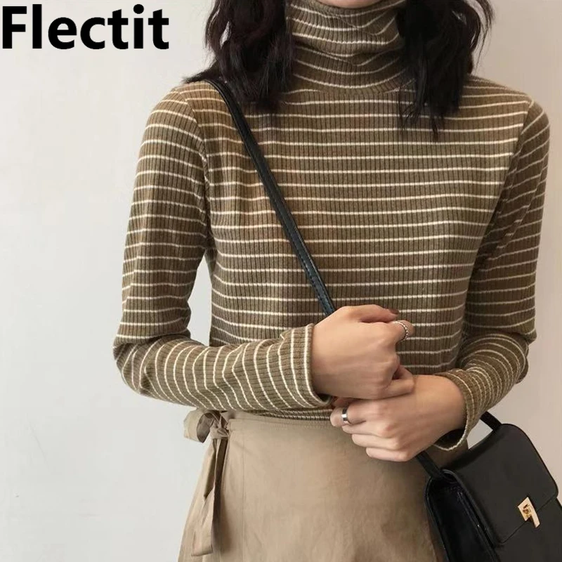 Женский полосатый топ Flectit с высоким воротником трикотажная футболка в рубчик