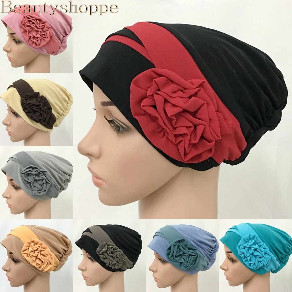 

New Women Hair Loss Cap Beanie Skullies Flower Patchwork Muslim Cancer Chemo Cap Islamic Indian Hat Cover Head Scarf Fashion Bon