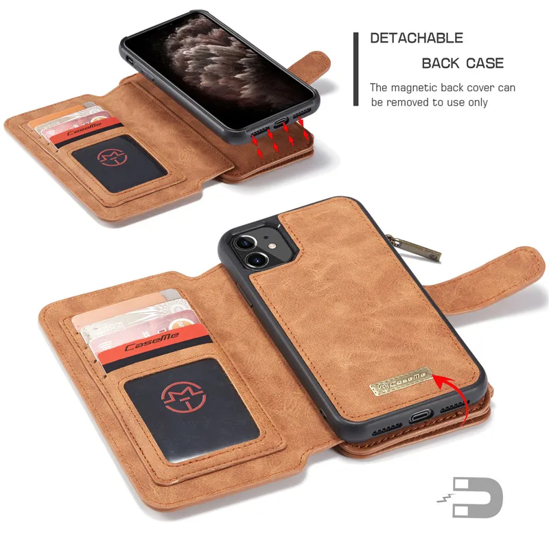 CaseMe Магнитный кожаный чехол кошелек для iPhone 12 Mini 11 Pro XS Max XR X SE 2020 8 7 6 6S Plus 5 5S карт