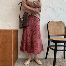 Винтажная Вельветовая юбка-рыбий хвост с цветочным принтом «чужой Китти», женские юбки с высокой талией, женские юбки на весну-осень, новые элегантные женские юбки