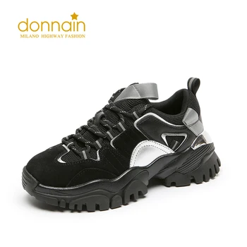 

DONNAIN Autumn Women Chunky Platform Sneakers Cross-tied Round Toe Leisure Shoes High Quality Sport Shoes Black Beige Footwear