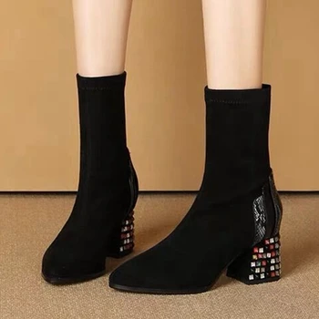 

Sarairis 2020 New Fashion Square Heels Fashion Shoes Ladies Boots Female Slip On Crystal INS Hot Dropship Boots Female