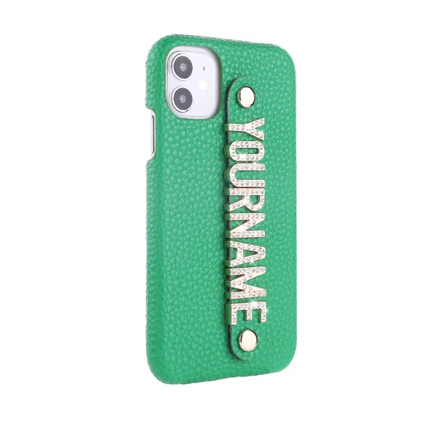 Luxury Custom Initial Name Pebble Leather Phone Case For iPhone 11 12 13 Pro Mini Max XR XS 7 8Plus Diamond Metal Letters Cover GREEN
