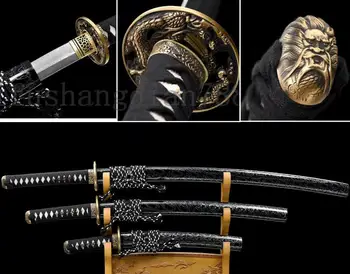 

DAMASCUS FOLDED STEEL JAPANESE SAMURAI SWORD SET ( KATANA + WAKIZASHI +TANTO) DRAGON TSUBA