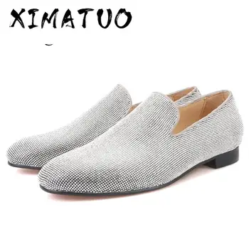

brand 2020 Luxurious Handmade Sliver Diamond Men Shoes Wedding and Party Men Loafers red bottom Smoking Slippers