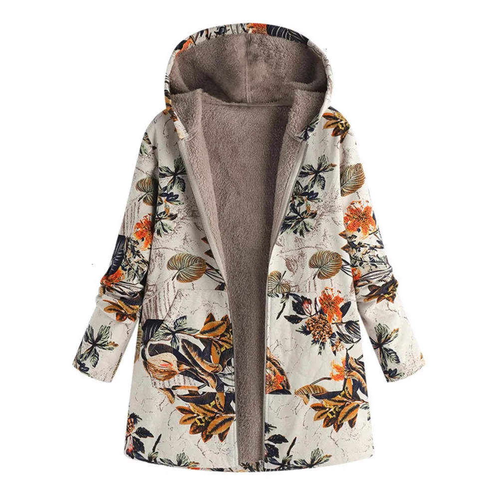 Kopen Vrouwen Winter Jas Vrouwen Vrouwelijke Windjack Leren Jas Pluche Jas Warm Uitloper Bloemenprint Capuchon Zakken Vintage Jassen
