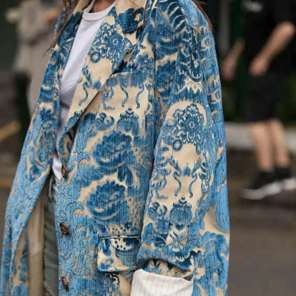 Модный элегантный Тренч с принтом, женское Брендовое дизайнерское офисное пальто больших размеров, длинное пальто, повседневная синяя винтажная одежда для женщин