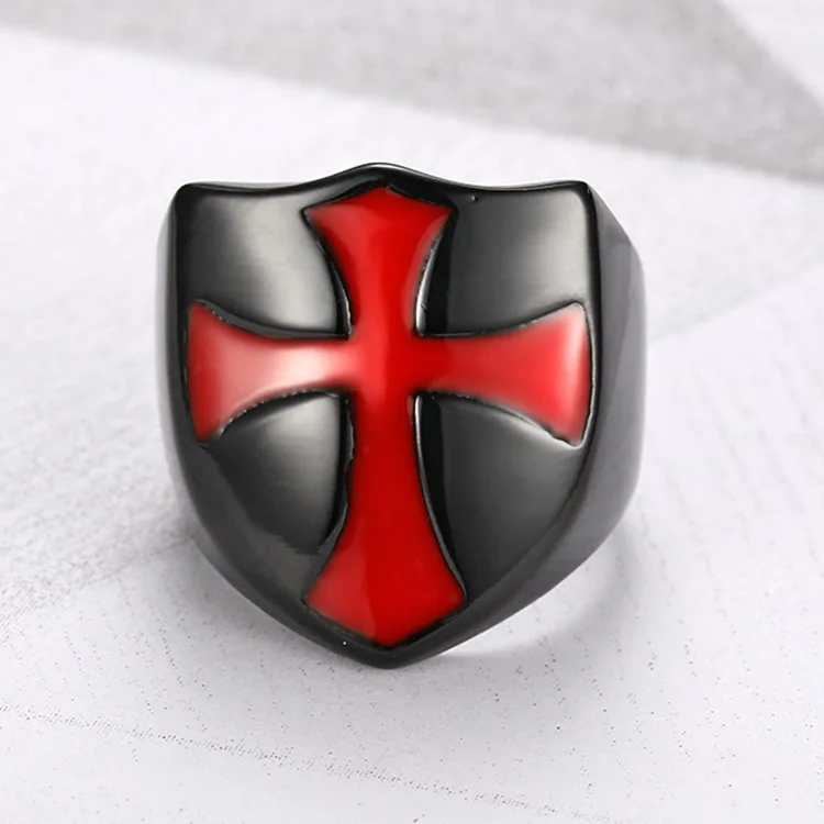 Megin D Stainless Steel Titanium Red Cross Crusaders Shiled Vintage Hip Hop Rings for Men Women Couple Friends Gift Jewelry Bagu