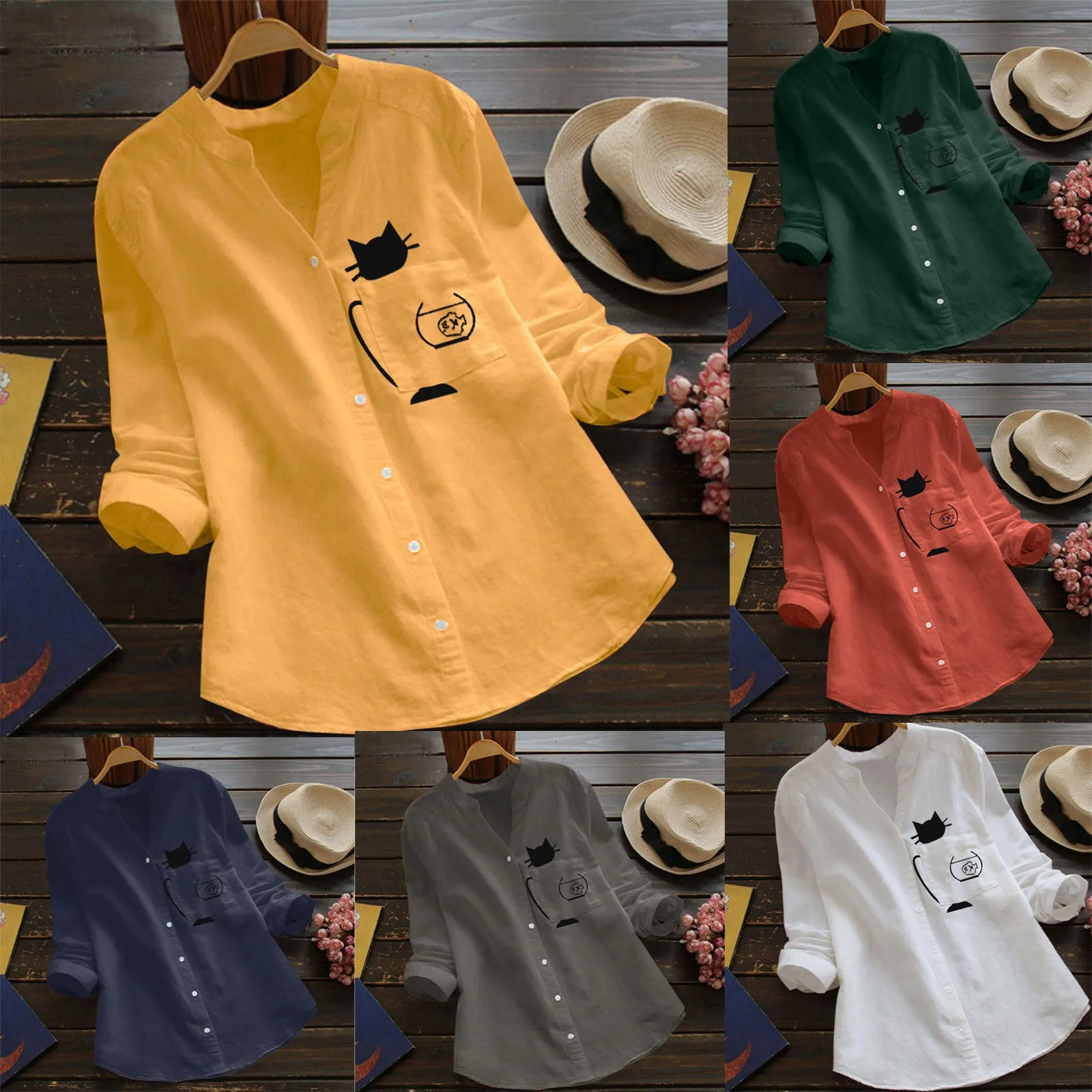 Womens Fashion Fashion Casual Cat Print Long Sleeve V- Neck Cotton Linen Tops Women Scriptor Summo 1