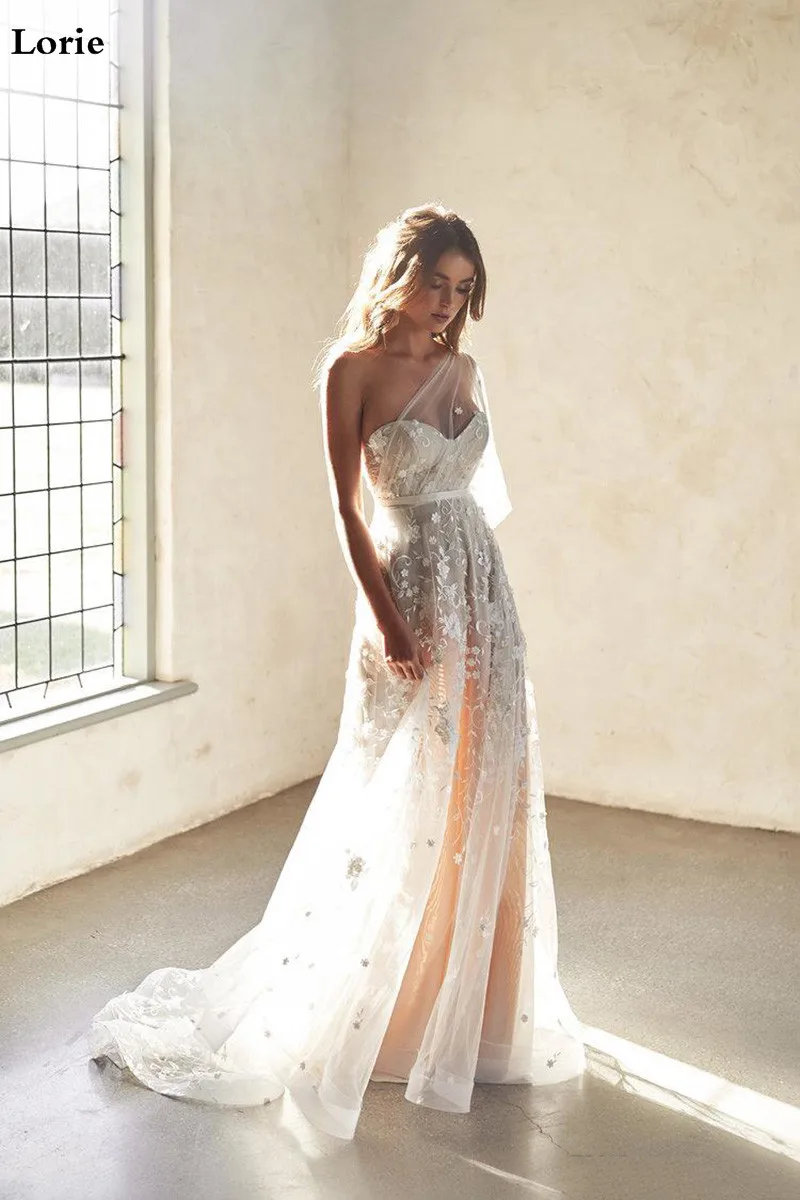 LORIE 2019 Beach Wedding Dresses A Line One Shoulder sexy Lace 3D Flowers Wedding Gowns Vestidos De Novia Boho Bride Dresses