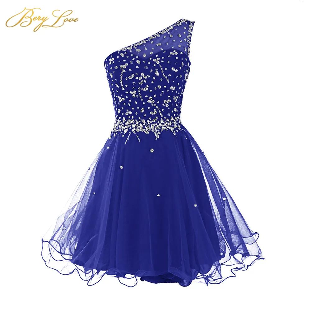 

Berylove One Shoulder Homecoming Dress 2020 Royal Blue Mini Crystals Beaded Tulle Short Girl Gown Prom Dress Mini Party Dress