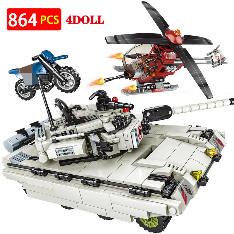 

864PCS WW2 Military Intercontinental Tank Helicopter Building Blocks Legoing Tank Soldier Figures Weapon Army Bricks Kids Toys
