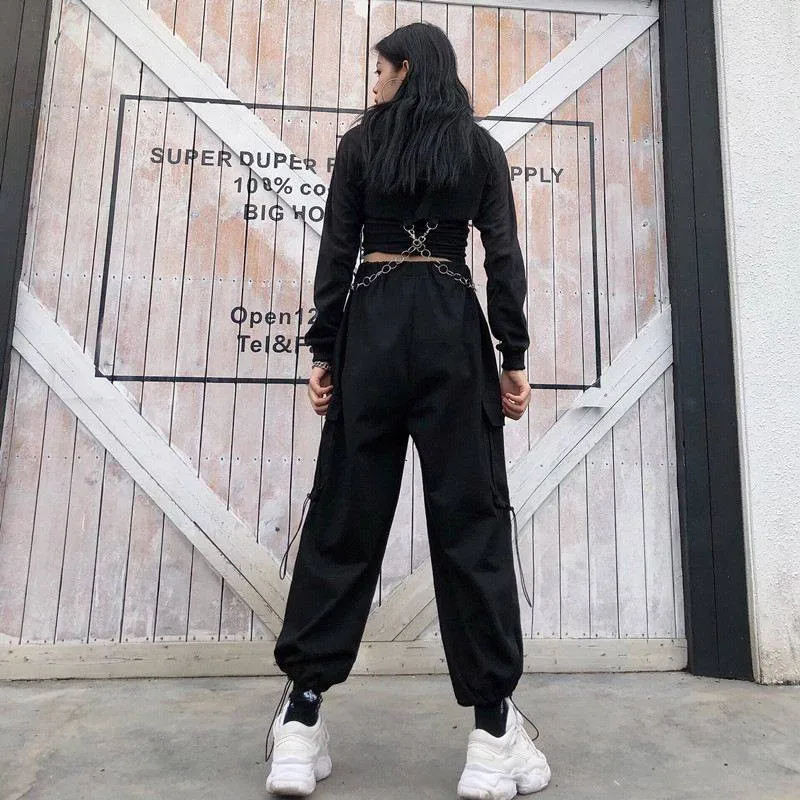 Черные корейские штаны женские летние хип-хоп Карго повседневные свободные брюки спортивные брюки уличная Осенняя уличная Уличная Брюки с