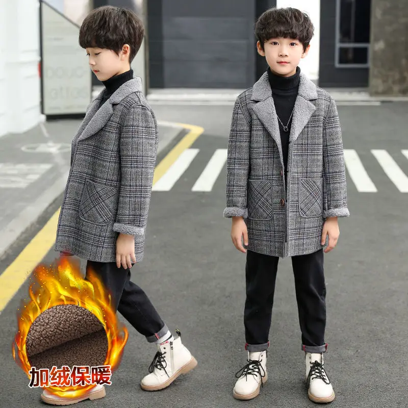 Children's Wool Coat for Boy for Autumn & Spring New Casual Turn Collar Plaid Pus Velvet Men's Teenager Jacket Outerwear