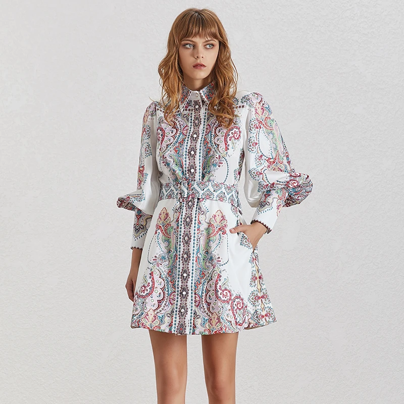 

Vintage Print Mini Women Dress Lapel Lantern Sleeve High Waist Dresses Female With Sashes Elegant Party A-Line Vestidoes Female