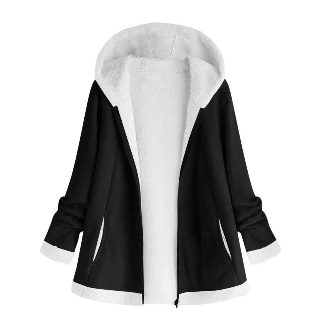 Женская куртка размера плюс, Осень-зима, модная, с карманами, на молнии, с длинным рукавом, плюшевая, с капюшоном, пальто, jaqueta feminina couro sint tico# WS - Цвет: Черный