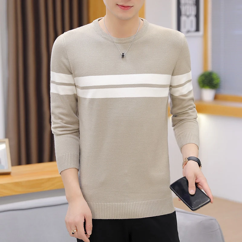 2019 autumn and winter men's round neck sweater Men's warm bottoming sweater men's casual striped soft and comfortable sweater