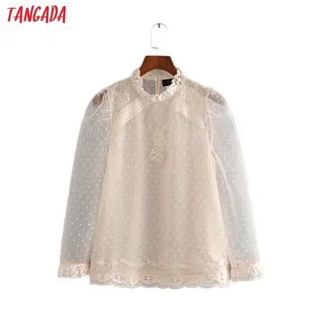 

Tangada women embroidery transparent shirt lace patchwork vintage long sleeve blouse female chic tops 3H502