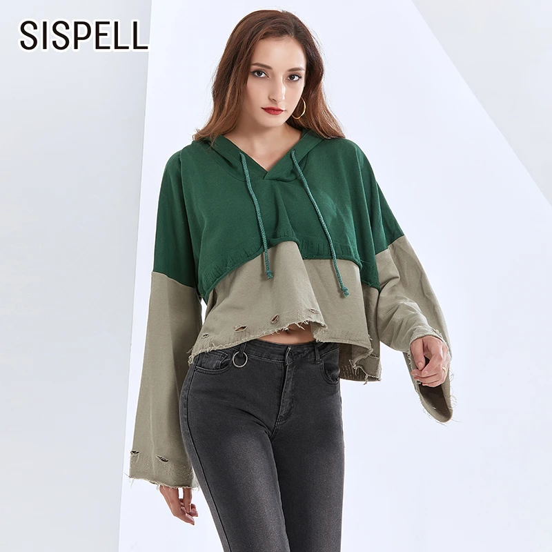 

SISPELL Patchwork Hit Color Women's Sweatshirt With Hat Drawstring Bat Sleeve For Female Oversized Sweatshirt 2020 New Tide