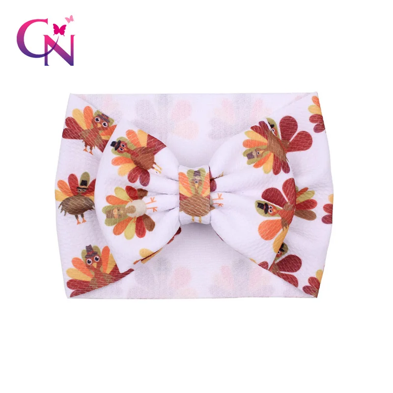 

CN 5" Thanksgiving Bows Headband For Girls Kids Print Turkey Soft Elastic Hair Bands Headwrap DIY Girls Party Hair Accessories