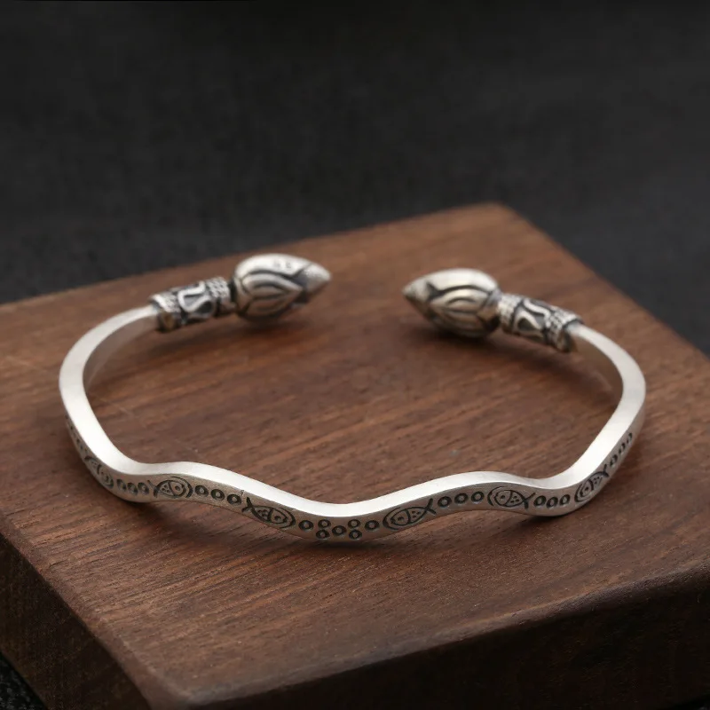 

Real 999 Sterling Silver Retro Lotus Bracelet Ethnic Style Open Bracelet For Women Thai Silver Jewelry Elegant Accessories