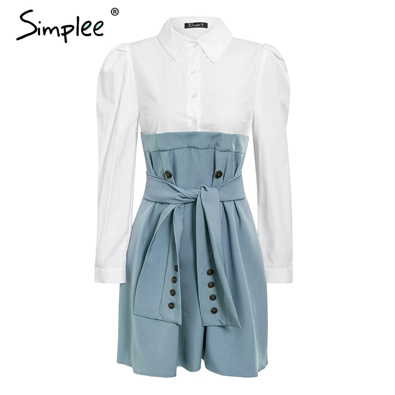blue grey Simplee пуховик с рукавом рубашка платье женщины Элегантные пуговицы пояса офисные женские платья Осень дамы рабочий костюм - Цвет: blue grey