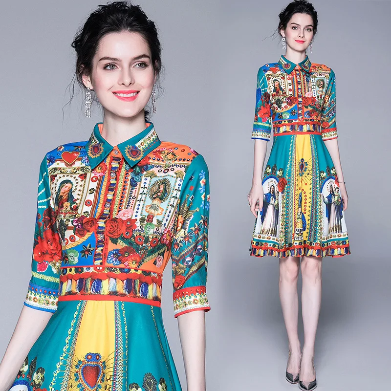 

1033 Ozhouzhan Spring And Summer New Style Europe And America WOMEN'S Dress Fold-down Collar Waist Hugging Ethnic-Style Floral P