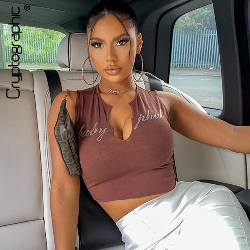 

Cryptographic Diamond Letters Summer Crop Tops V-Neck Sleeveless Sexy Top Tees Slim Cropped Feminino Tops Short Streetwear