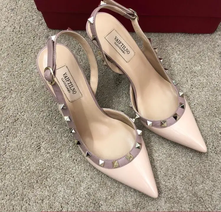 nude shiny Классические Брендовые женские босоножки на высоком тонком каблуке 6 см из черной лакированной кожи с заклепками, красные свадебные туфли 34-43 коробка - Цвет: nude shiny