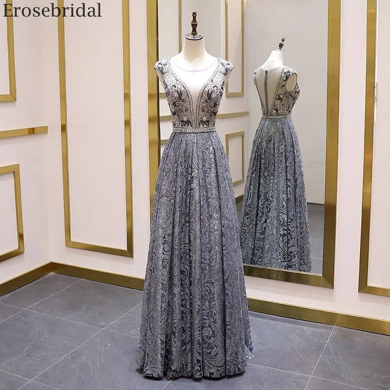 Erosebridal Luxury Beads Evening Dress Long See Through Body A Line Prom 2020 Small Train Unique Neck Design Zipper Back | Свадьбы и