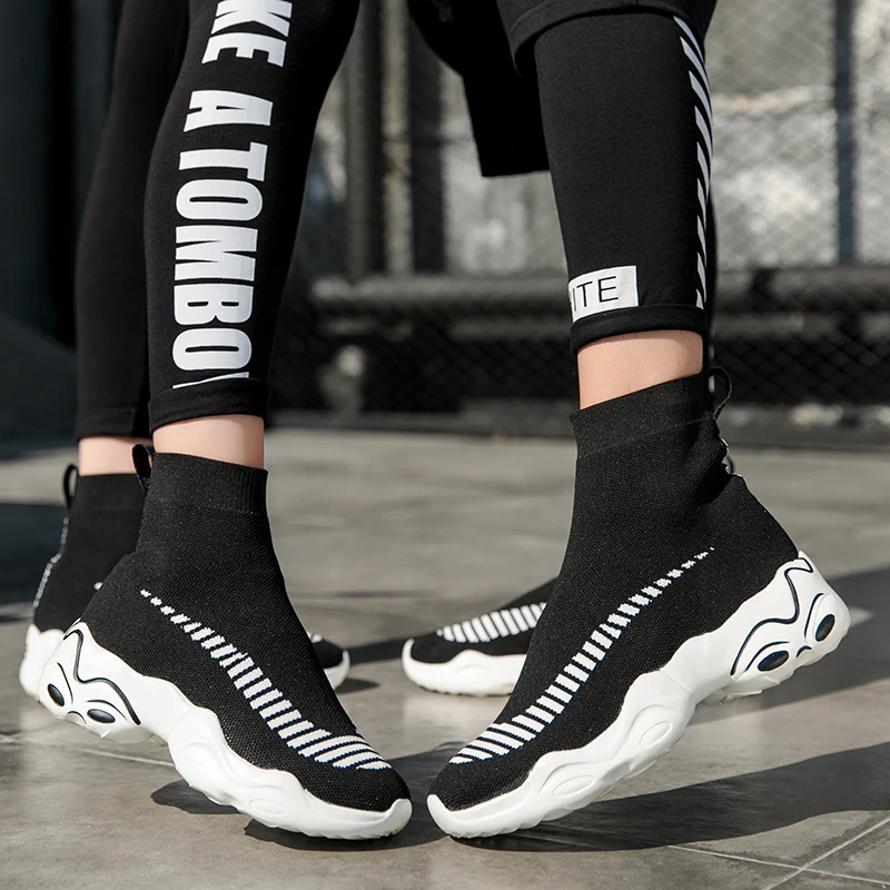 Black MWY/мужские высокие кроссовки; летающие плетеные носки; обувь; Schoenen Mannen; черные кроссовки; мягкая удобная повседневная обувь для пары; размера плюс - Цвет: Black