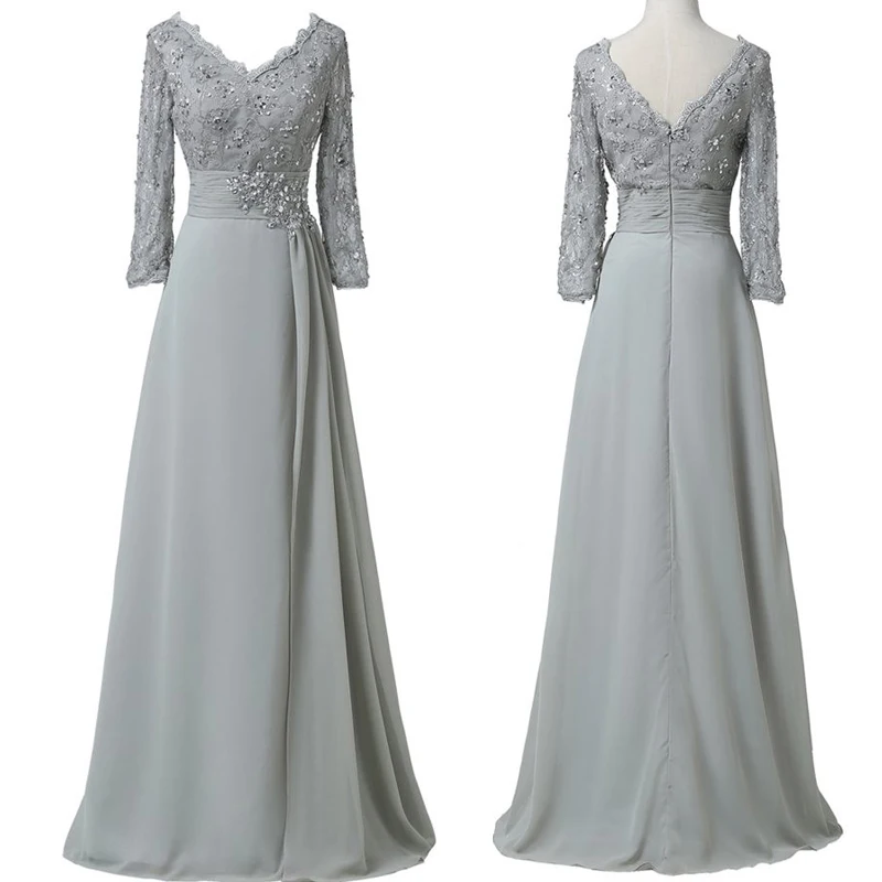 

Gray Mother of the Bride Dress Long Sleeves Lace Beaded Pleats A-Line Chiffon Long Mother Formal Party Gowns Plus Size Cheap
