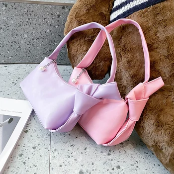 

Youth Ladies Simple Versatile Bag Women Tie Knot Handbags Portable Solid Color Casual PU Leather Shoulder Tote Bag