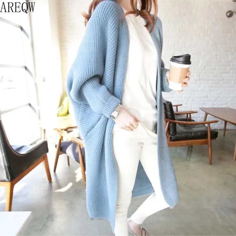 

Spring Autumn Long Cardigans Jacket Women's Knitted Sweater Korean Pure Bat Sleeves Loose and Large Size Thick Sweater Cardigan
